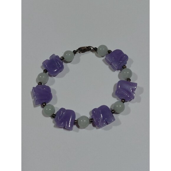 Vtg Lavender & Green Jade Elephant Beaded Bracelet With Silver Clasp Sz 6.25 - Picture 2 of 9